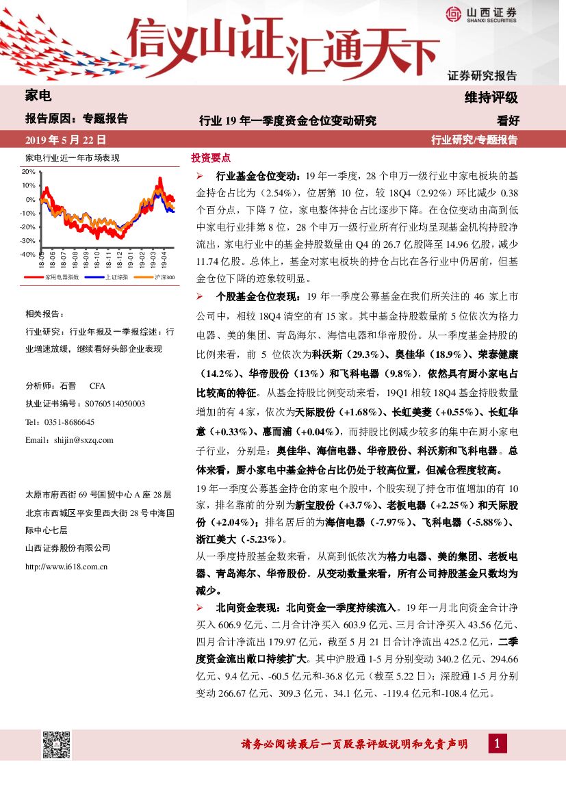 山西证券：家电专题报告：行业19年一季度资金仓位变动研究