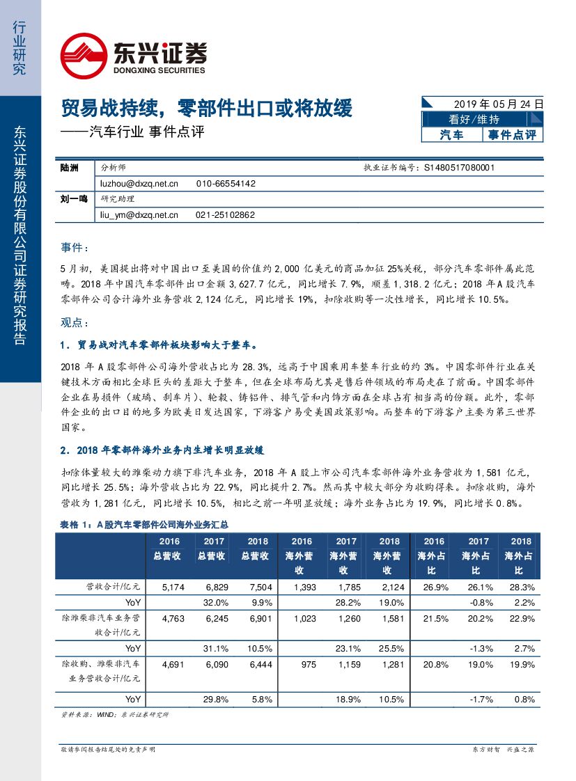 东兴证券：汽车行业事件点评：贸易战持续，零部件出口或将放缓