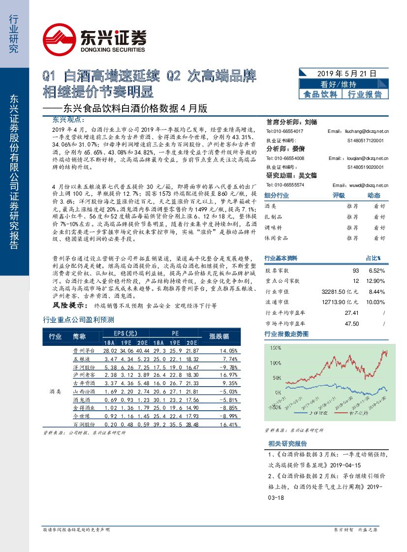 东兴证券：东兴食品饮料白酒价格数据4月版：Q1白酒高增速延续 Q2次高端品牌相继提价节奏明显