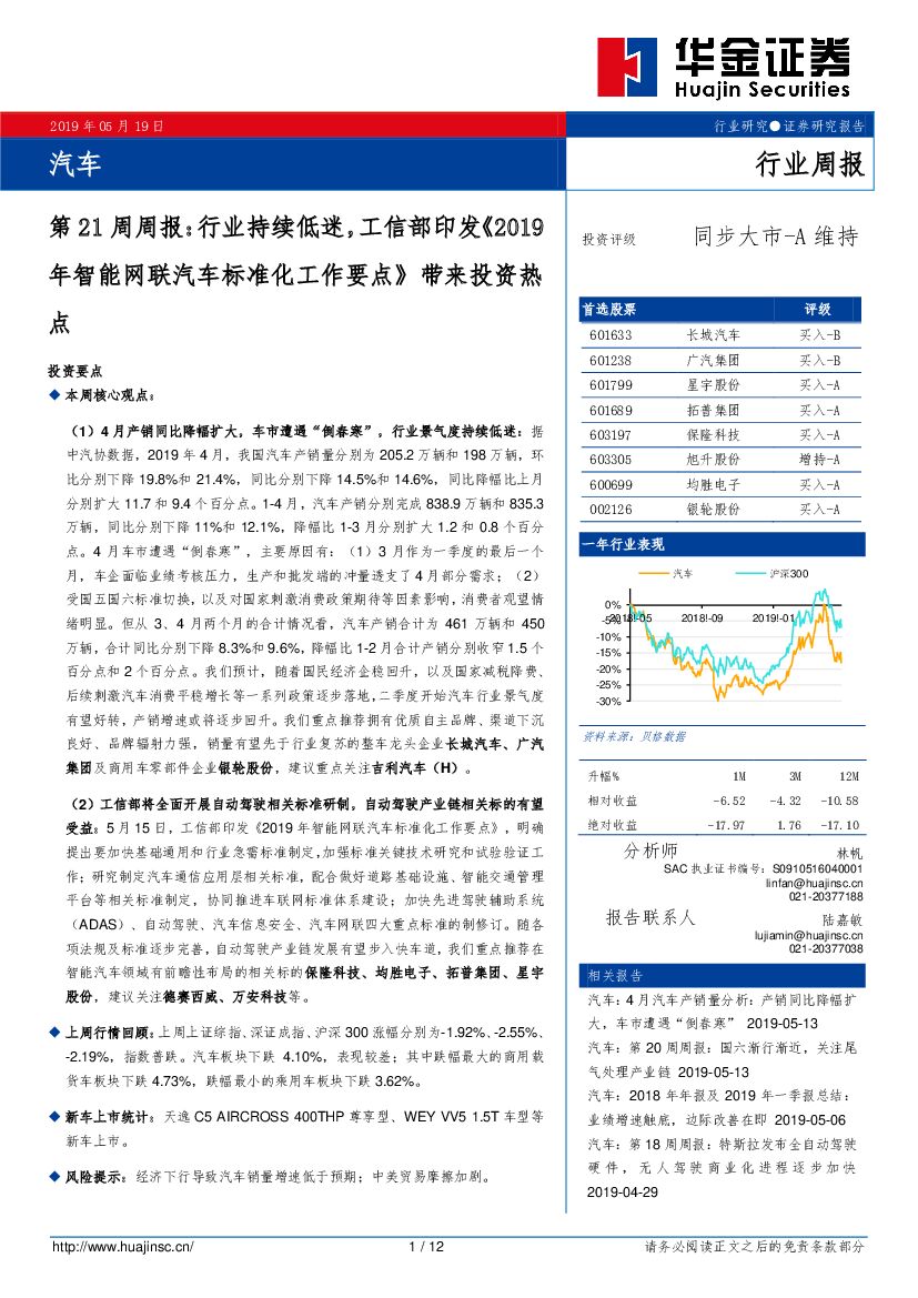 华金证券：汽车第21周周报：行业持续低迷，工信部印发《2019年智能网联汽车标准化工作要点》带来投资热点