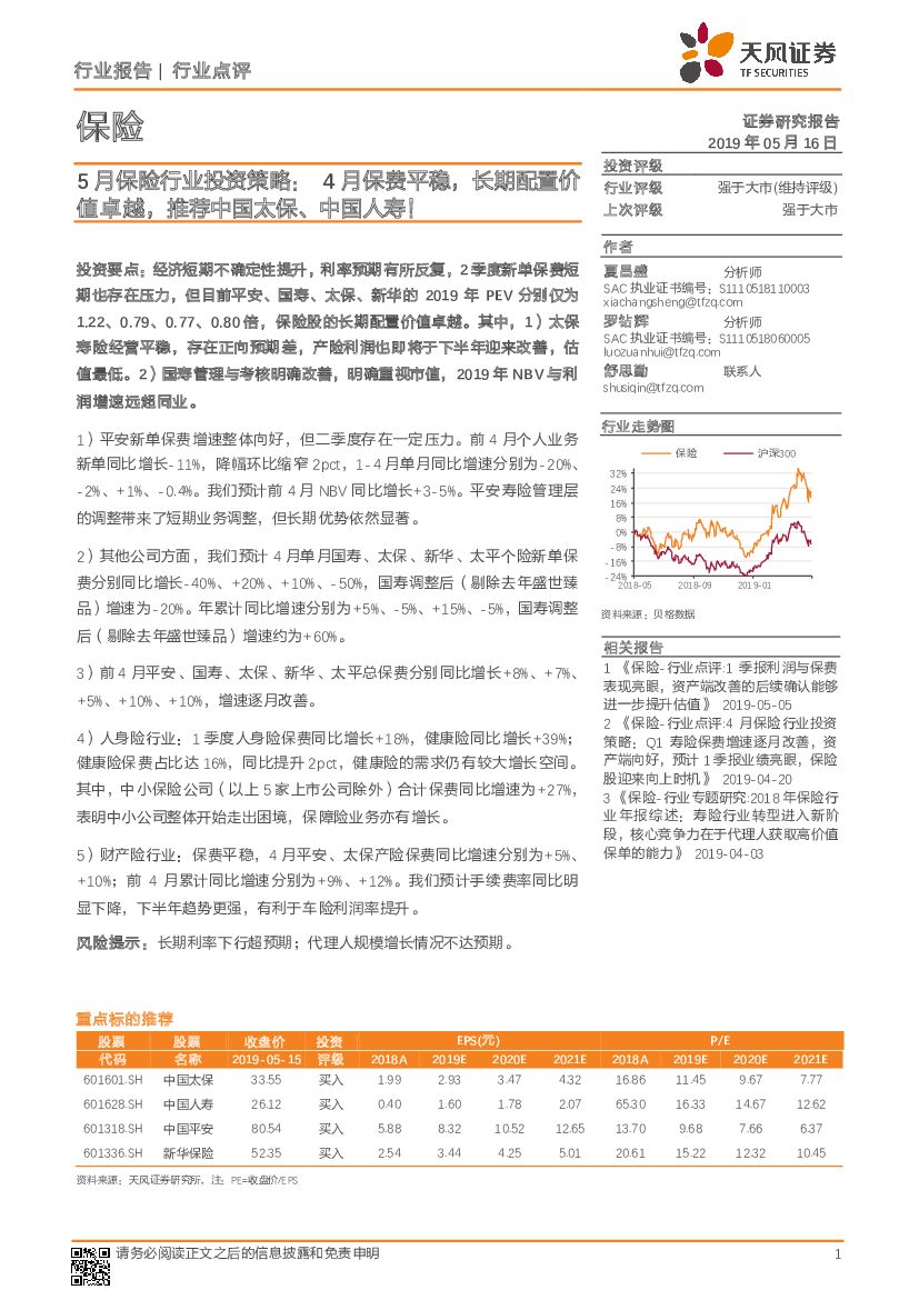 天风证券：5月保险行业投资策略：4月保费平稳，长期配置价值卓越，推荐中国太保、中国人寿！