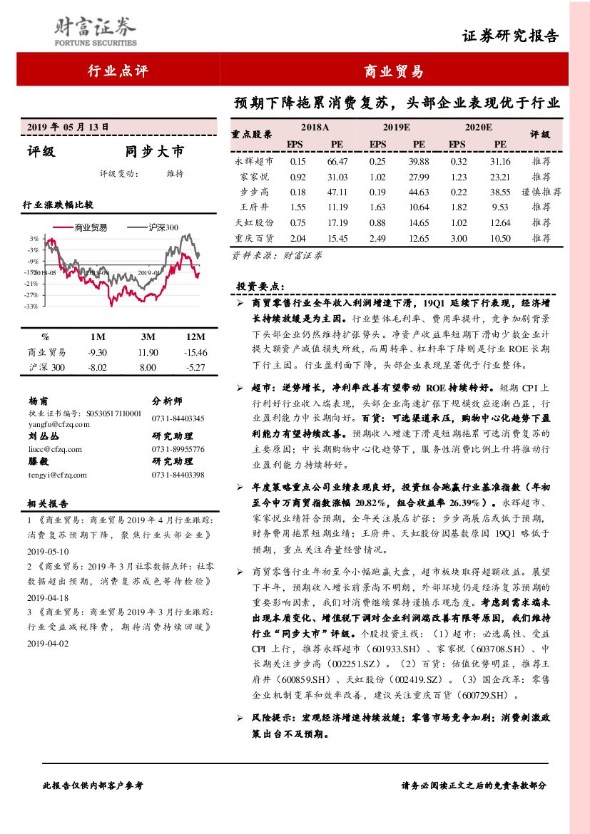 财富证券：商业贸易行业点评：预期下降拖累消费复苏，头部企业表现优于行业