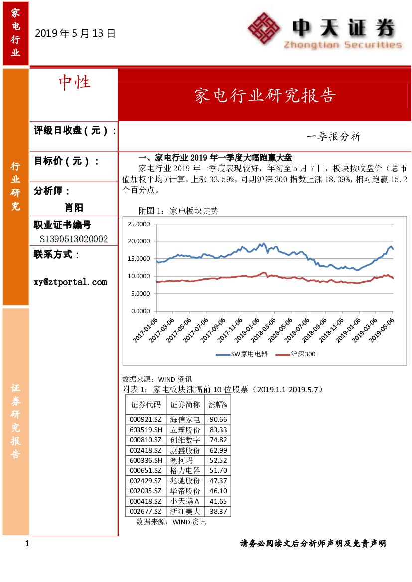 中天证券：家电行业研究报告：一季报分析