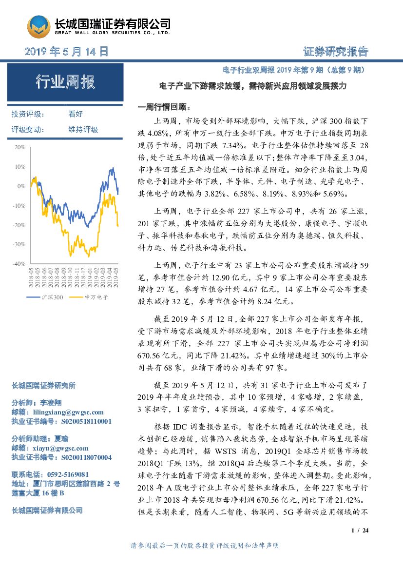 长城国瑞证券：电子行业双周报2019年第9期（总第9期）：电子产业下游需求放缓，需待新兴应用领域发展接力