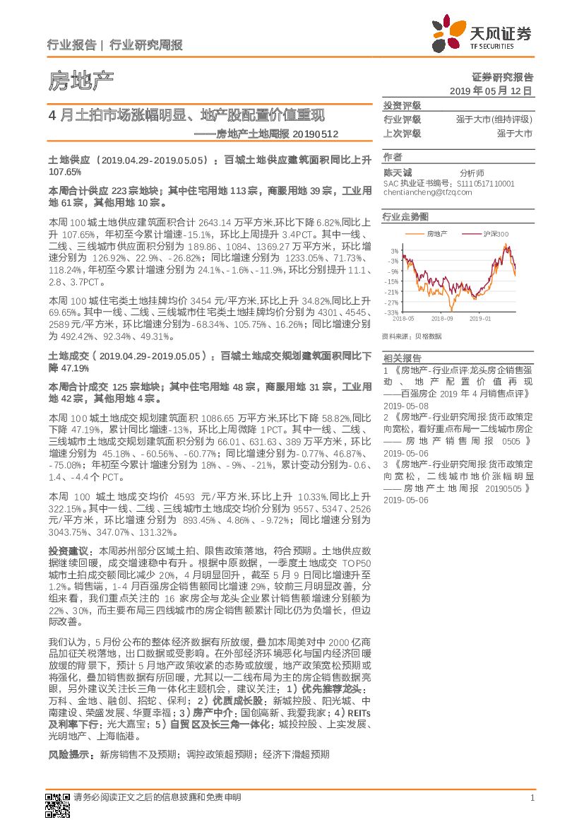 天风证券：房地产土地周报：4月土拍市场涨幅明显、地产股配置价值重现