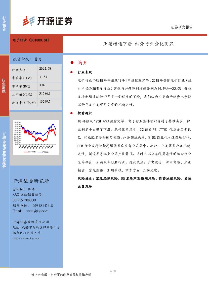 开源证券：电子行业周报：业绩增速下滑 细分行业分化明显