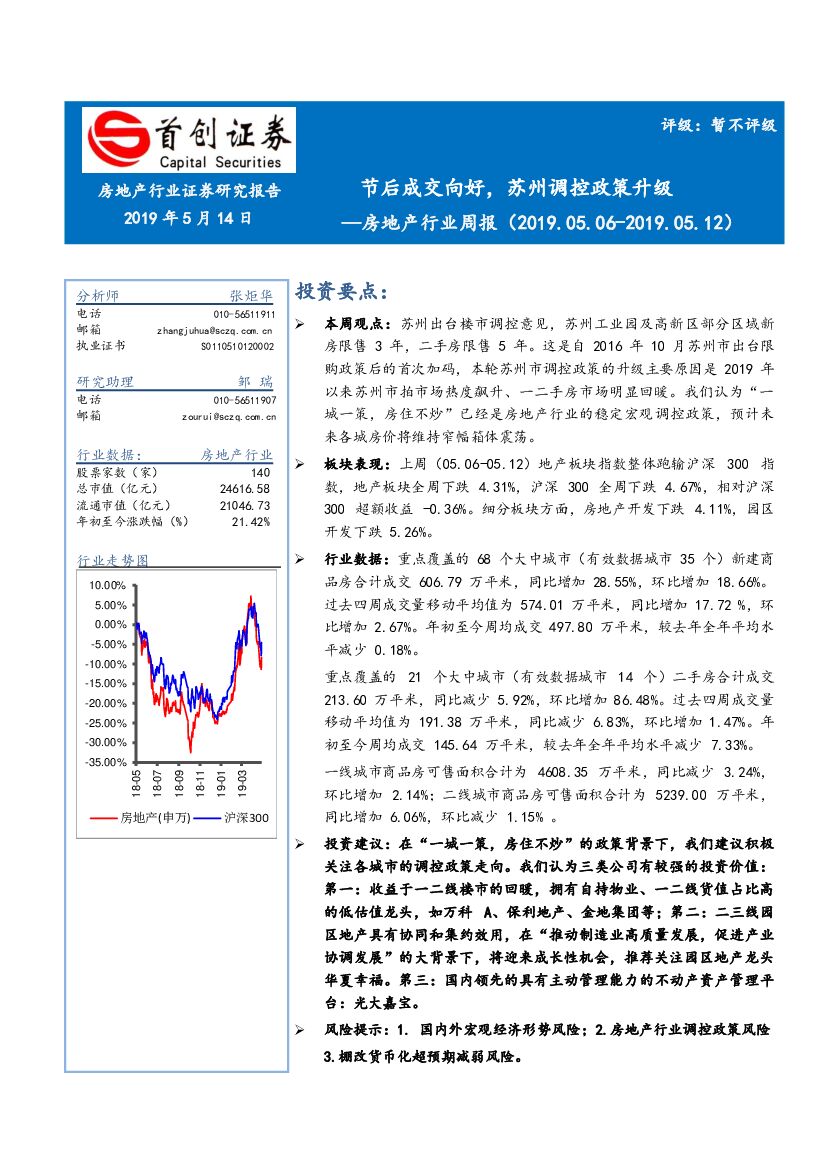 首创证券：房地产行业周报：节后成交向好，苏州调控政策升级
