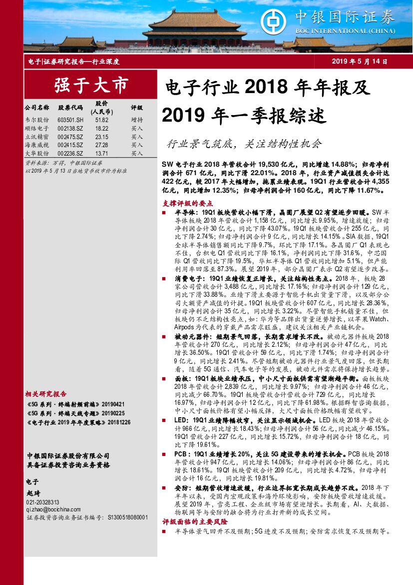 中银国际：电子行业2018年年报及2019年一季报综述：行业景气筑底，关注结构性机会