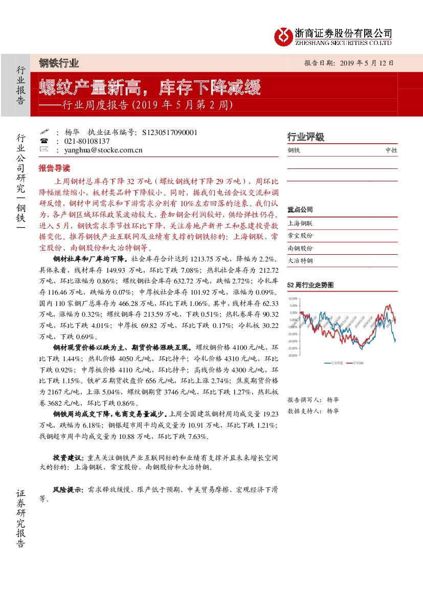 浙商证券：钢铁行业周度报告（2019年5月第2周）：螺纹产量新高，库存下降减缓