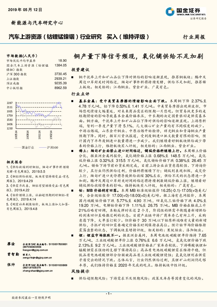 国金证券：汽车上游资源（钴锂锰镍铟）行业研究：铜产量下降信号频现，氧化镝供给不足加剧