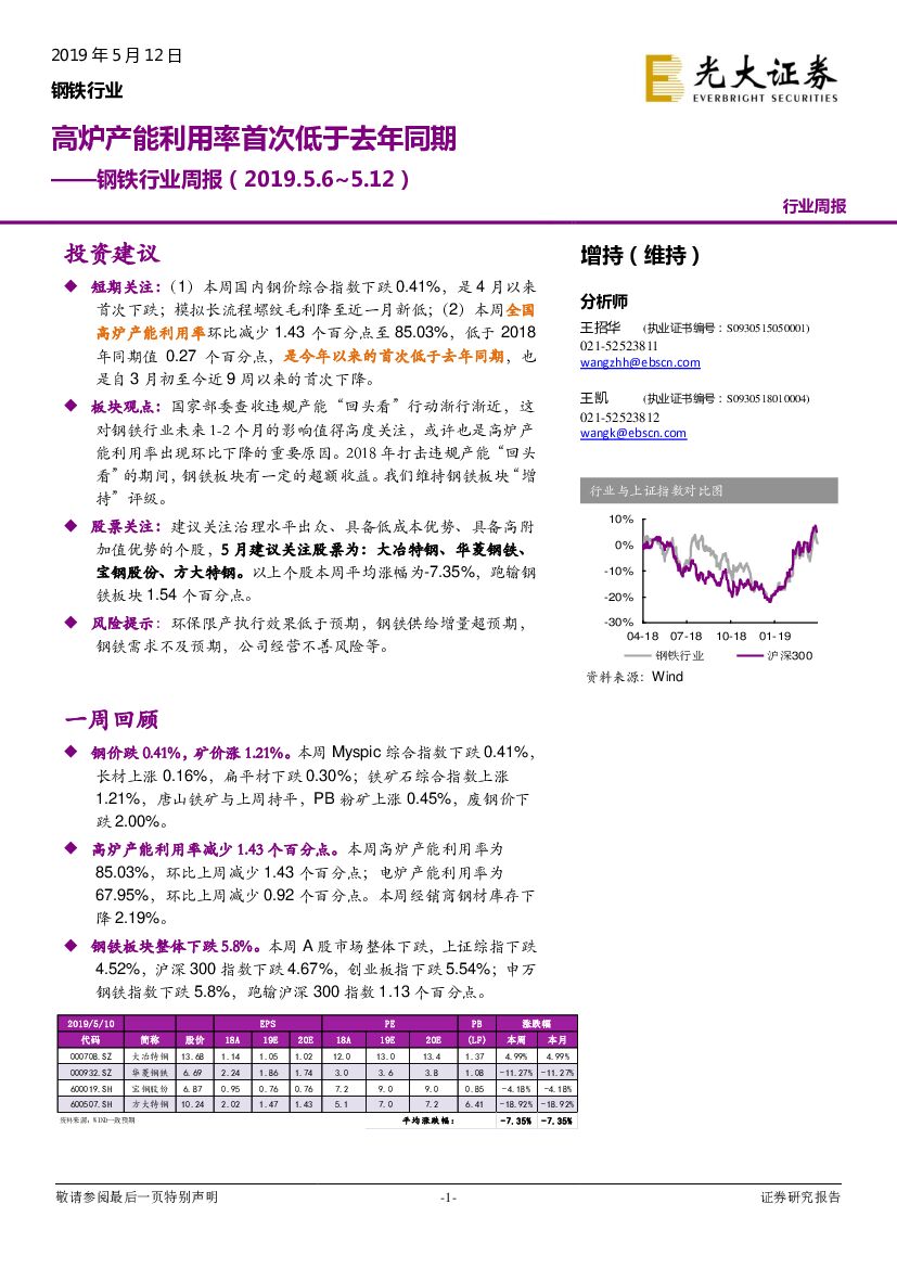 光大证券：钢铁行业周报：高炉产能利用率首次低于去年同期