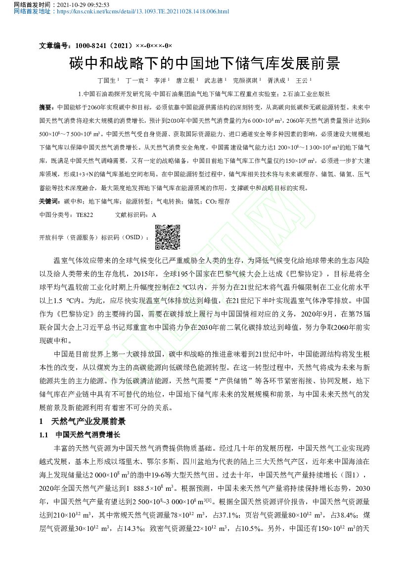 中国石油：碳中和战略下的中国地下储气库发展前景