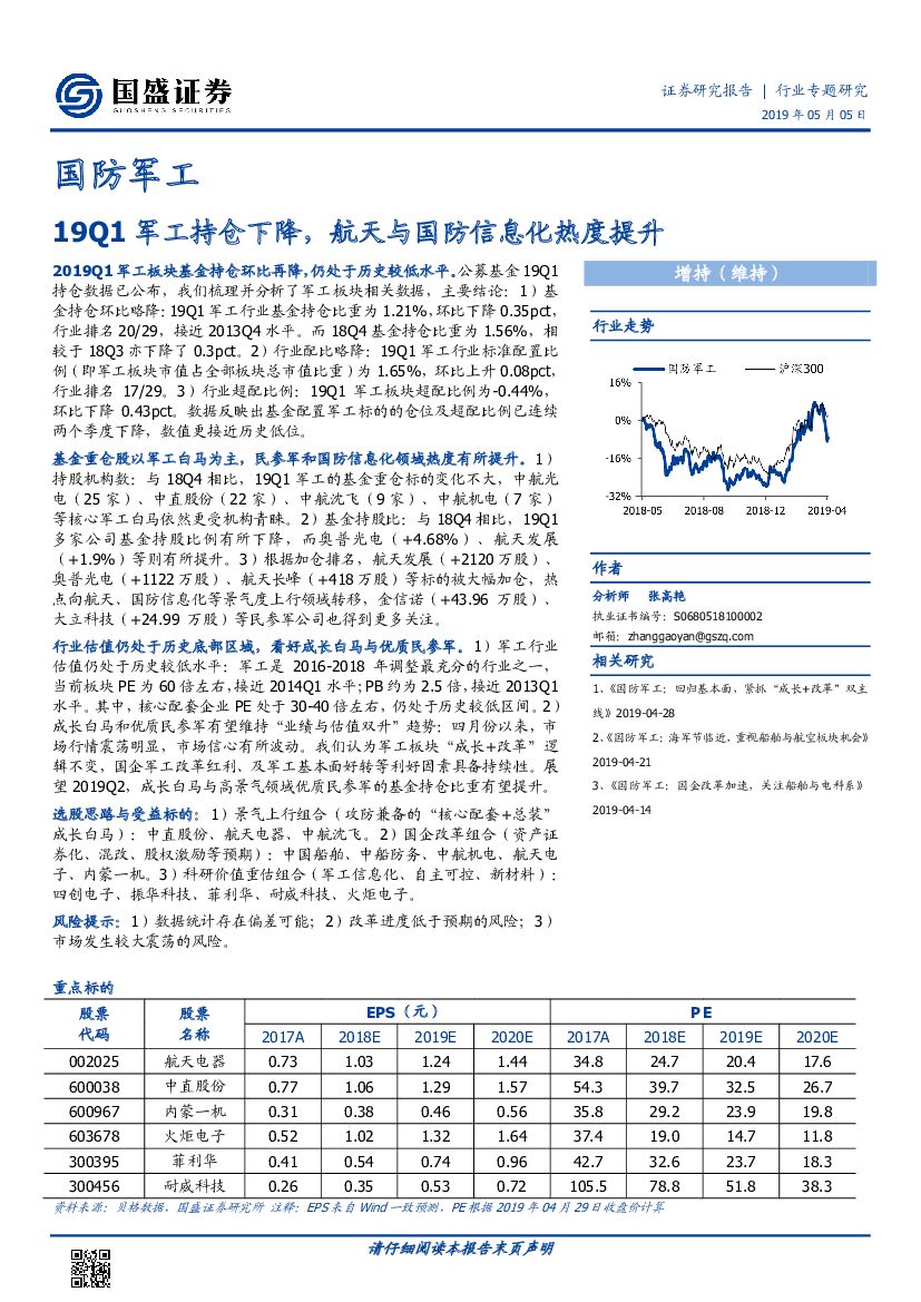 国盛证券：国防军工行业专题研究：19Q1军工持仓下降，航天与国防信息化热度提升
