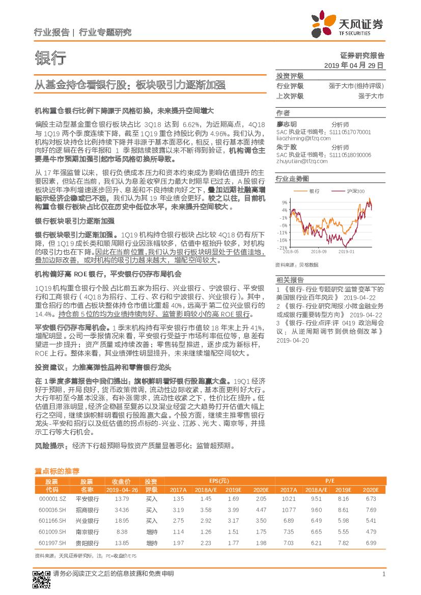 天风证券：银行行业专题研究：从基金持仓看银行股：板块吸引力逐渐加强
