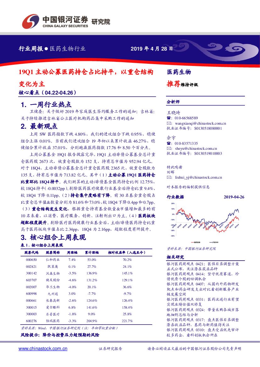 中国银河：医药生物行业周报：19Q1主动公募医药持仓占比持平，以重仓结构变化为主