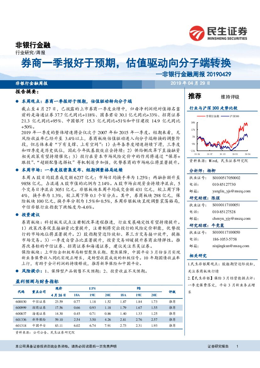 民生证券：非银行金融周报：券商一季报好于预期，估值驱动向分子端转换