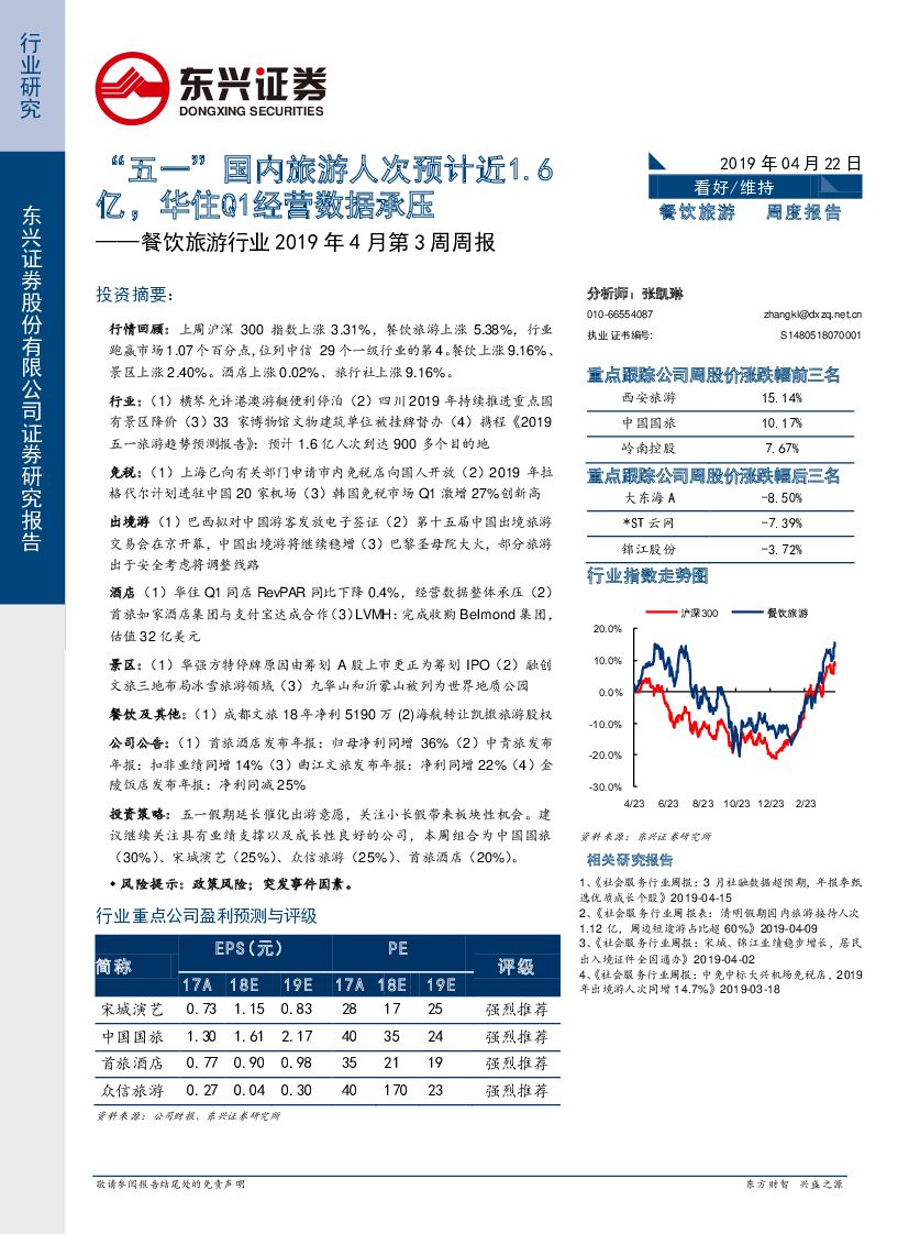 东兴证券：餐饮旅游行业2019年4月第3周周报：“五一”国内旅游人次预计近1.6亿，华住Q1经营数据承压