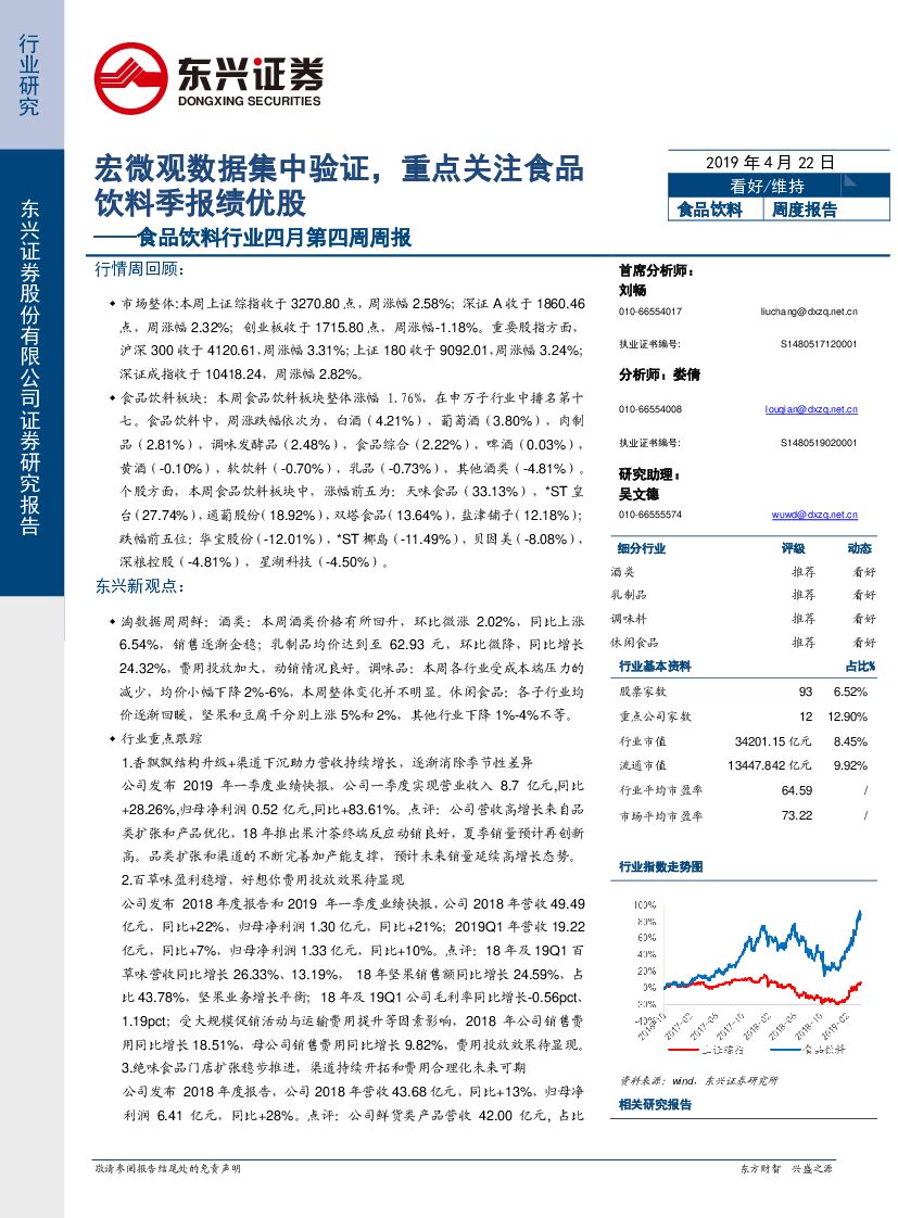 东兴证券：食品饮料行业四月第四周周报：宏微观数据集中验证，重点关注食品饮料季报绩优股