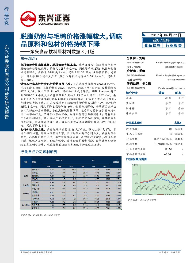 东兴证券：东兴食品饮料原材料数据3月版：脱脂奶粉与毛鸭价格涨幅较大，调味品原料和包材价格持续下降