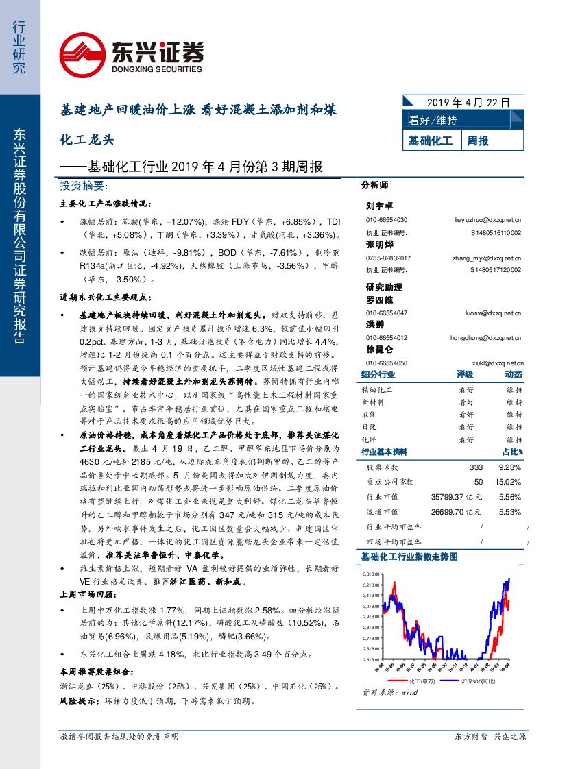 东兴证券：基础化工行业2019年4月份第3期周报：基建地产回暖油价上涨 看好混凝土添加剂和煤化工龙头