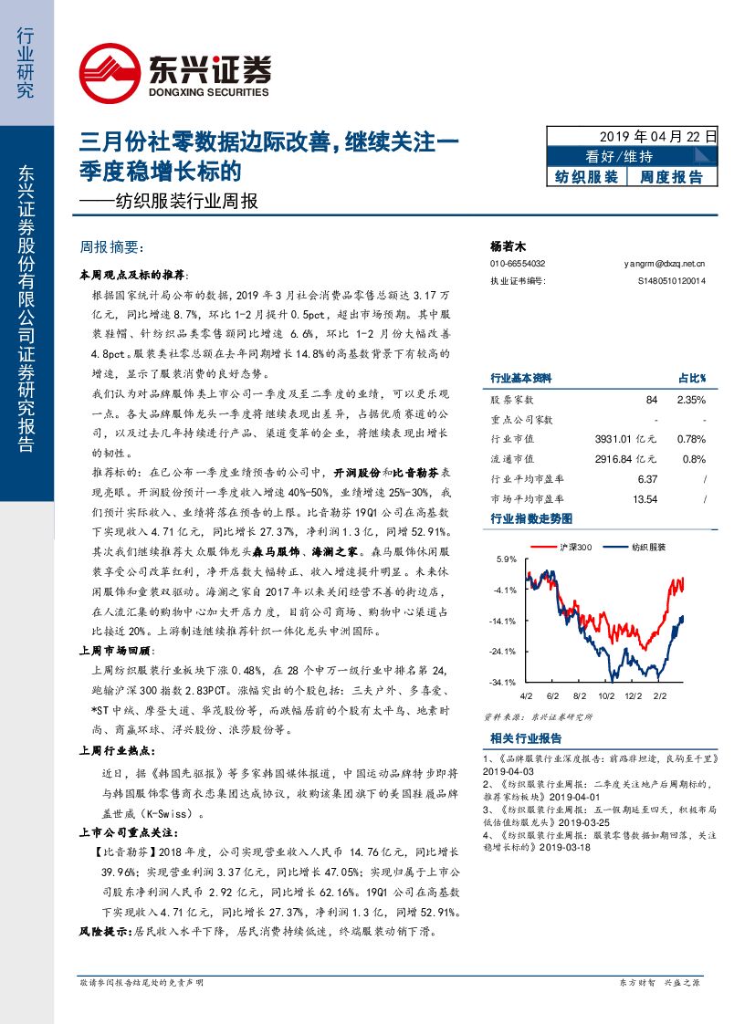 东兴证券：纺织服装行业周报：三月份社零数据边际改善，继续关注一季度稳增长标的