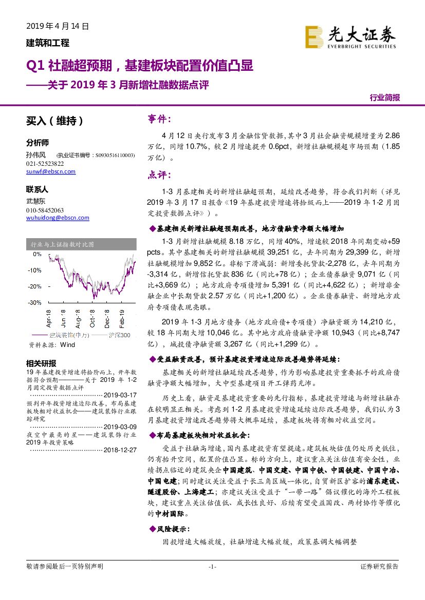 光大证券：建筑和工程关于2019年3月新增社融数据点评：Q1社融超预期，基建板块配置价值凸显