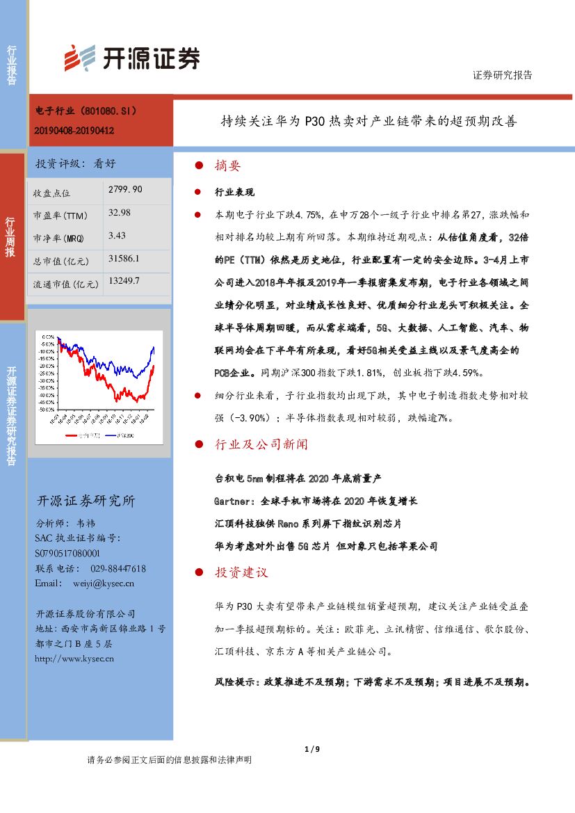 开源证券：电子行业周报：持续关注华为P30热卖对产业链带来的超预期改善