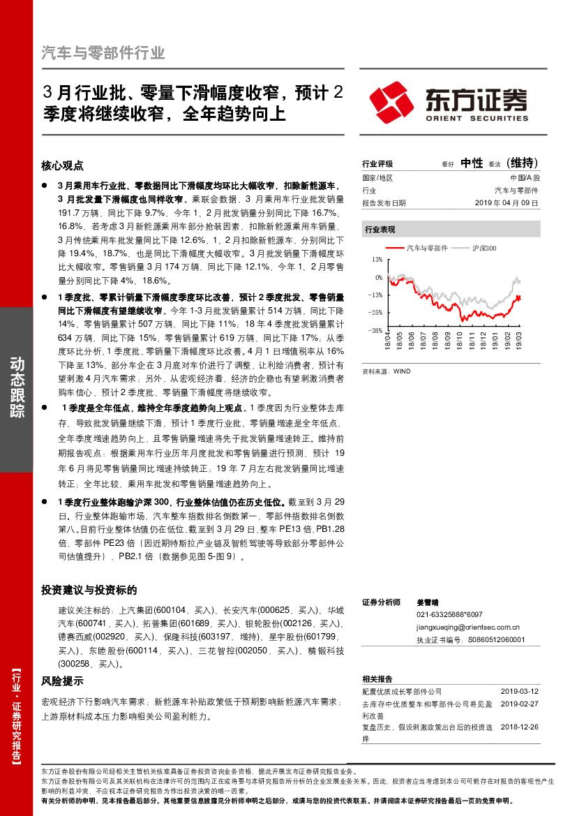 东方证券：汽车与零部件行业：3月行业批、零量下滑幅度收窄，预计2季度将继续收窄，全年趋势向上