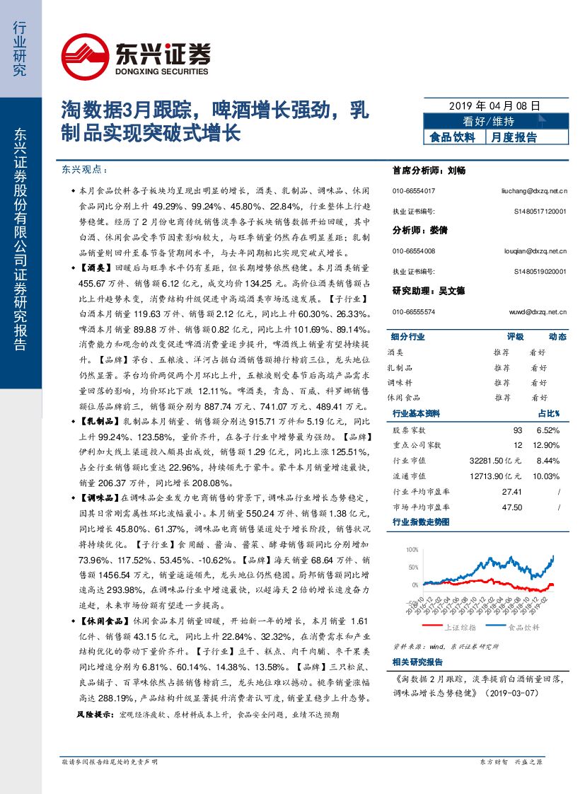 东兴证券：食品饮料月度报告：淘数据3月跟踪，啤酒增长强劲，乳制品实现突破式增长