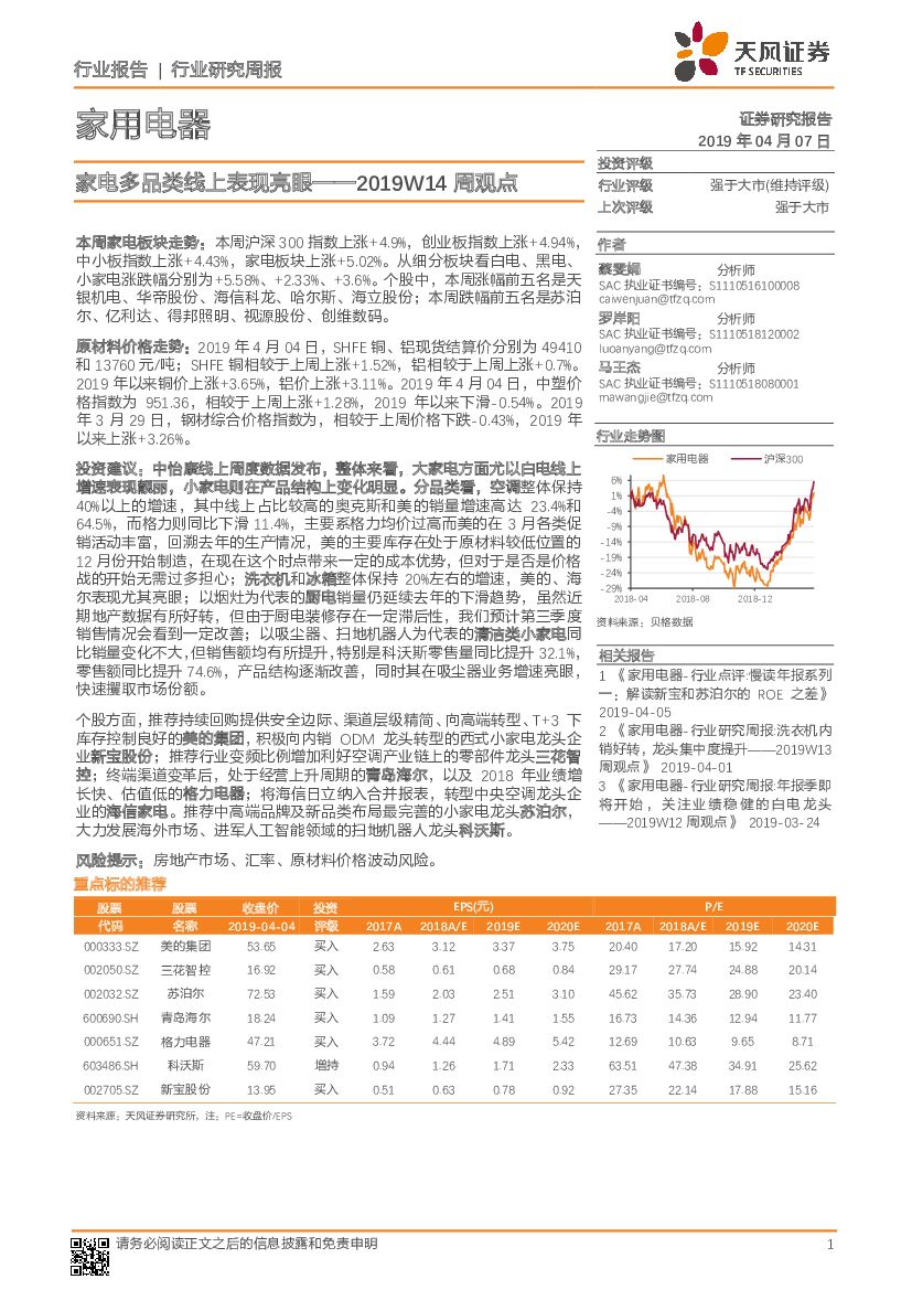 天风证券：家用电器2019W14周观点：家电多品类线上表现亮眼