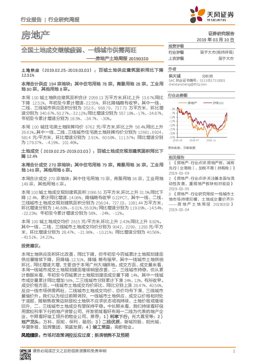 天风证券：房地产土地周报：全国土地成交继续疲弱、一线城市供需两旺
