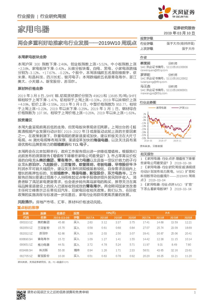 天风证券：家用电器行业2019W10周观点：两会多重利好助推家电行业发展