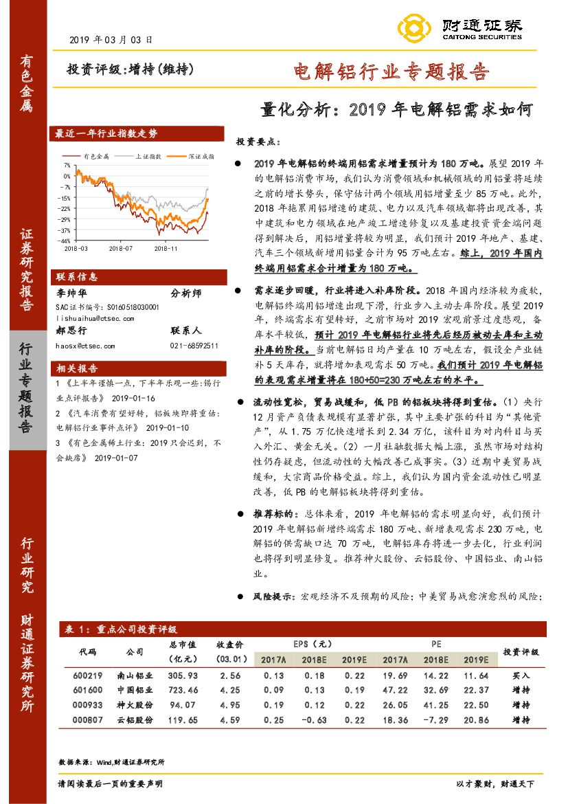 财通证券：电解铝行业专题报告：量化分析：2019年电解铝需求如何