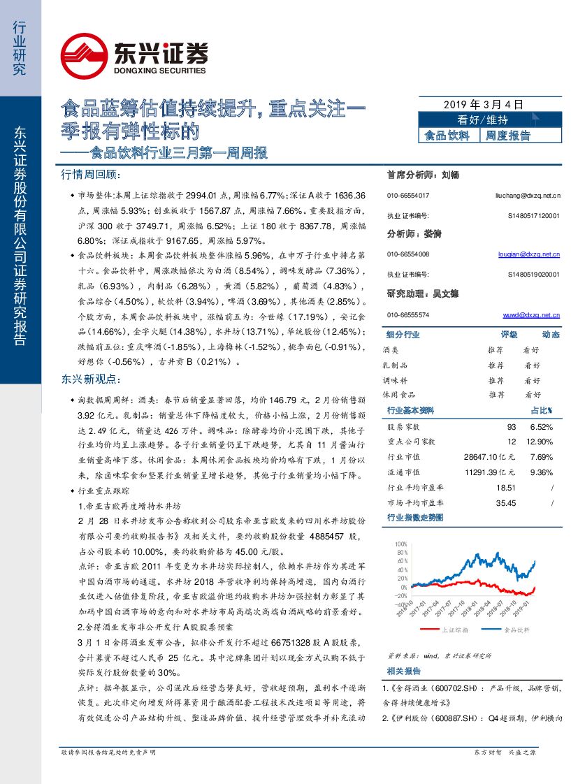 东兴证券：食品饮料行业三月第一周周报：食品蓝筹估值持续提升，重点关注一季报有弹性标的