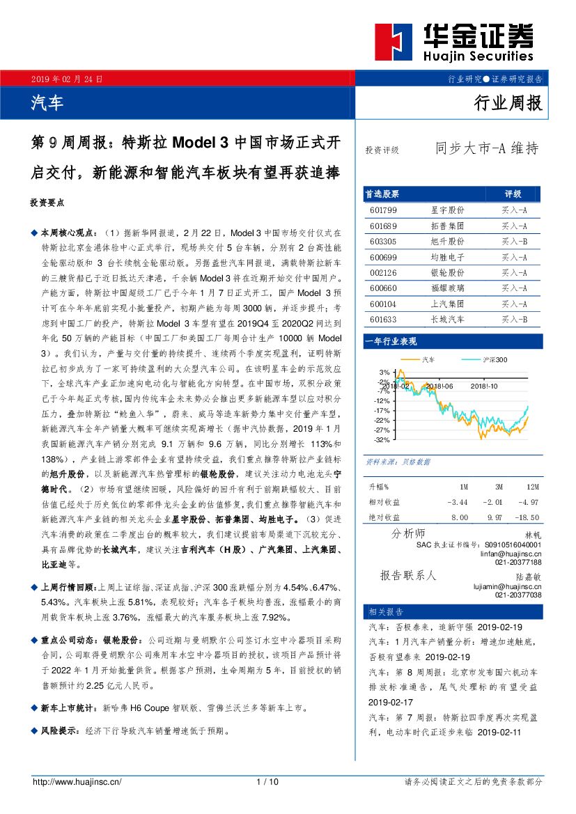 华金证券：汽车第9周周报： 特斯拉Model 3中国市场正式开启交付，新能源和智能汽车板块有望再获追捧