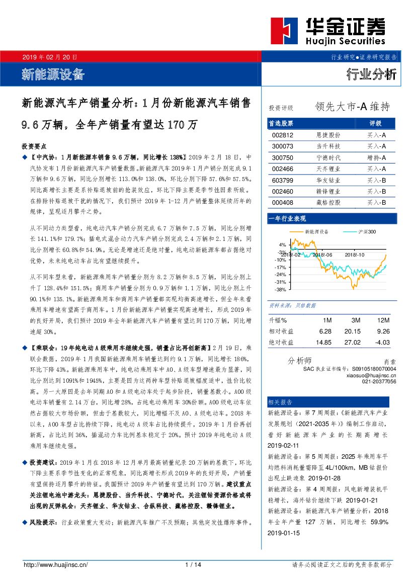 华金证券：新能源汽车产销量分析：1月份新能源汽车销售9.6万辆，全年产销量有望达170万