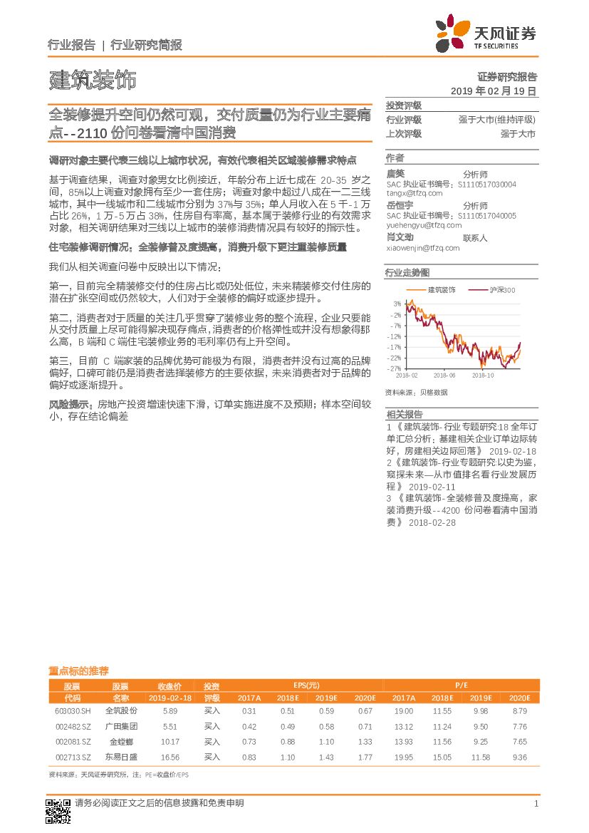 天风证券：建筑装饰行业研究简报：2110份问卷看清中国消费：全装修提升空间仍然可观，交付质量仍为行业主要痛点