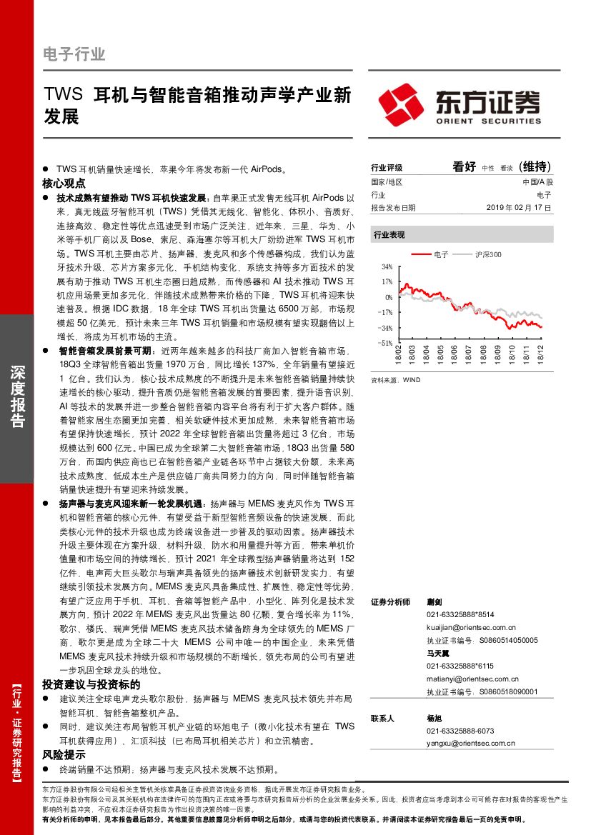 东方证券：电子行业深度报告：TWS耳机与智能音箱推动声学产业新发展