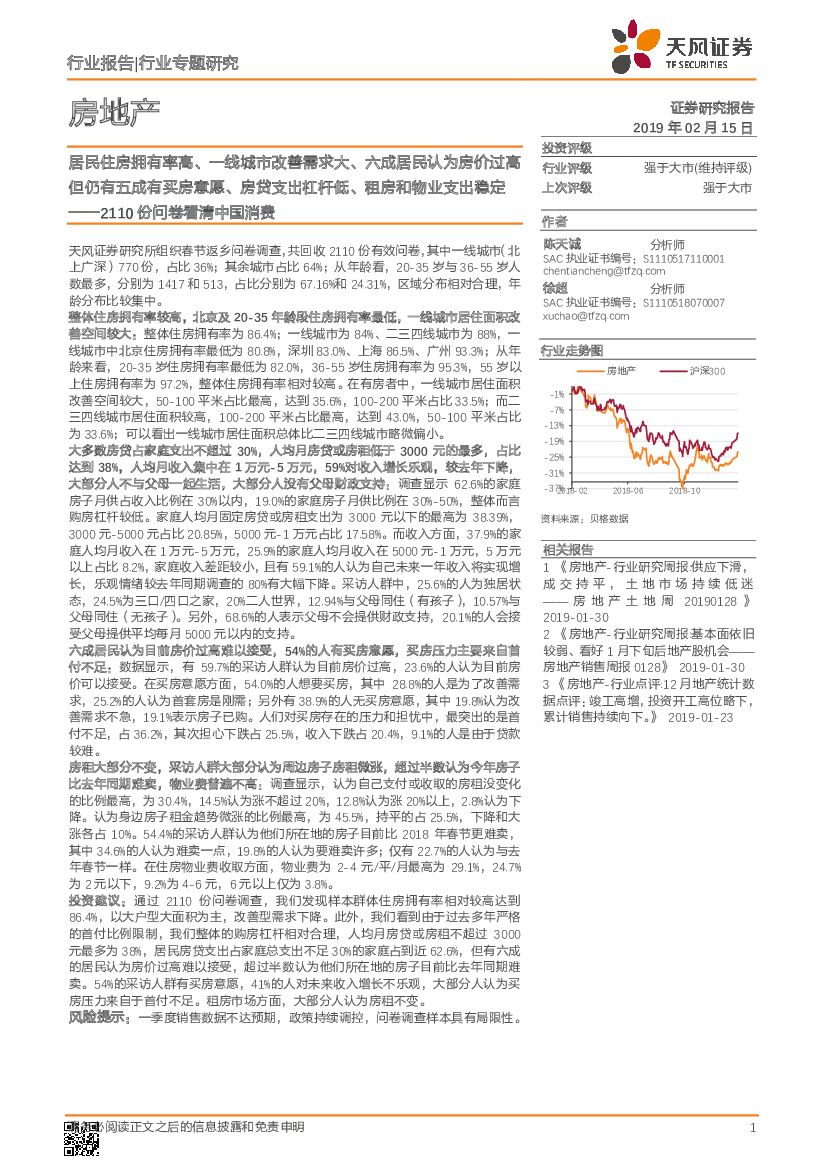 天风证券：房地产行业专题研究：2110份问卷看清中国消费-居民住房拥有率高、一线城市改善需求大、六成居民认为房价过高 但仍有五成有买房意愿、房贷支出杠杆低、租房和物业支出稳定