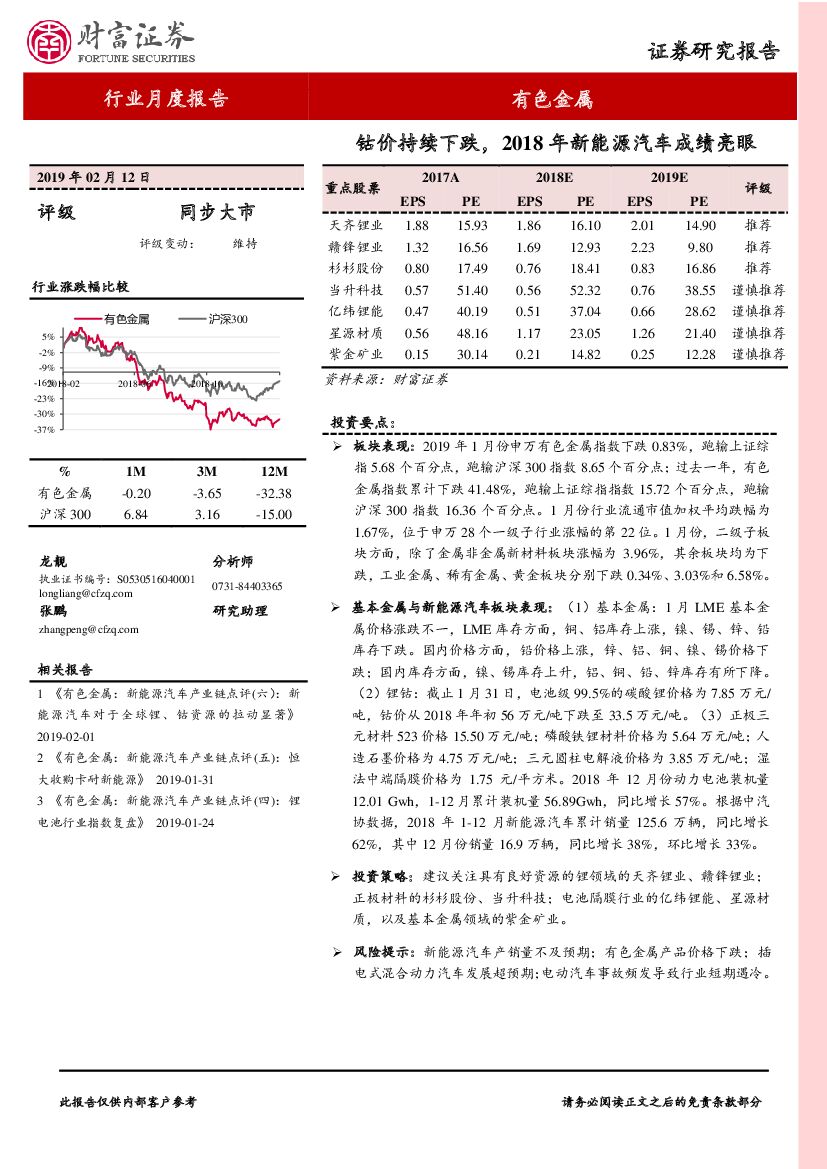财富证券：有色金属行业月度报告：钴价持续下跌，2018年新能源汽车成绩亮眼