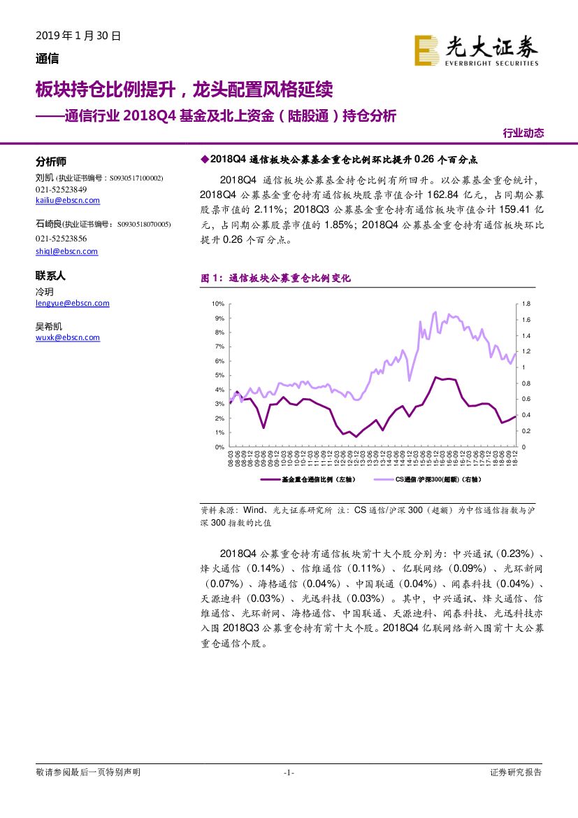 光大证券：通信行业2018Q4基金及北上资金（陆股通）持仓分析：板块持仓比例提升，龙头配置风格延续