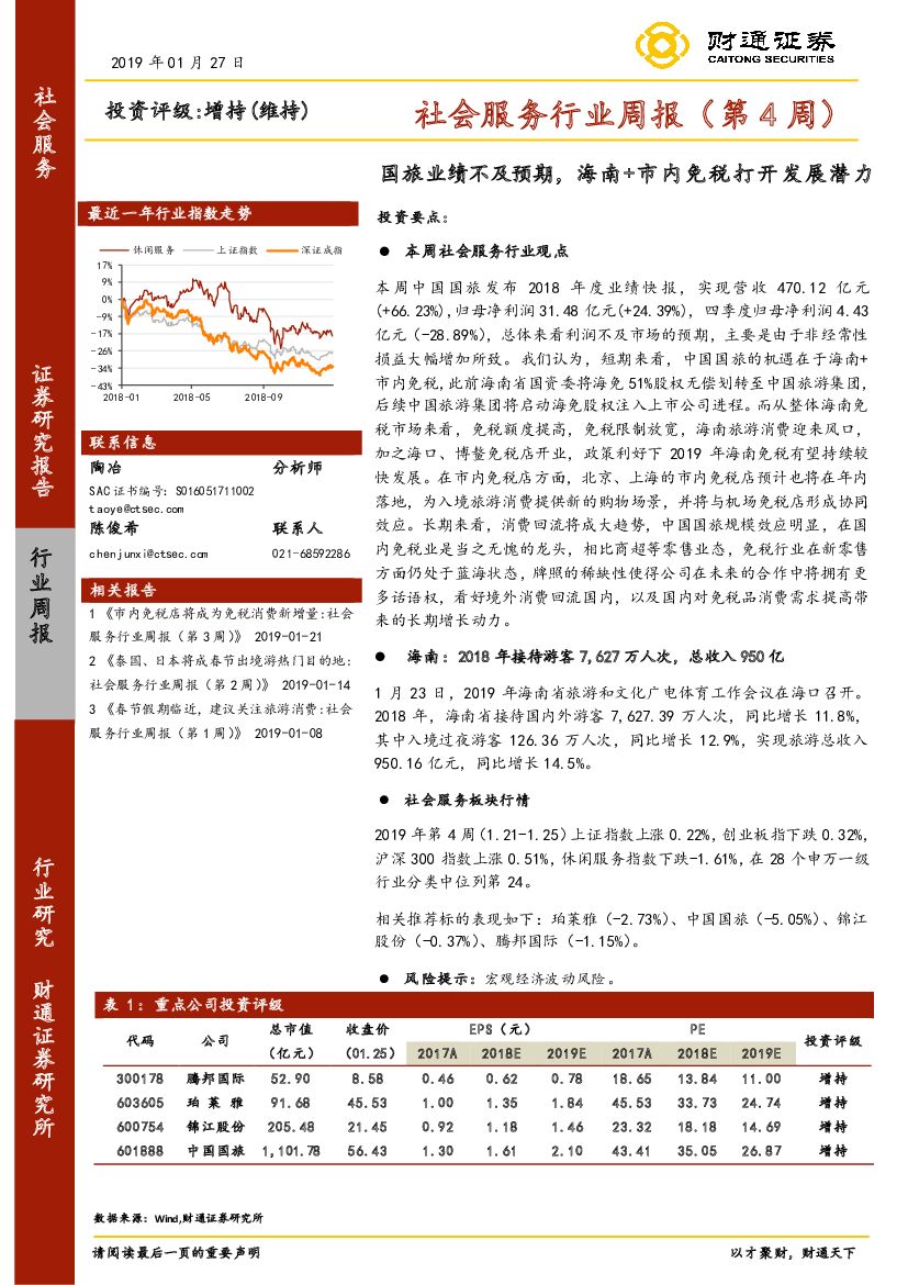财通证券：社会服务行业周报（第4周）：国旅业绩不及预期，海南+市内免税打开发展潜力
