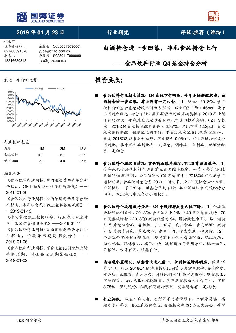 国海证券：食品饮料行业Q4基金持仓分析：白酒持仓进一步回落，非乳食品持仓上行