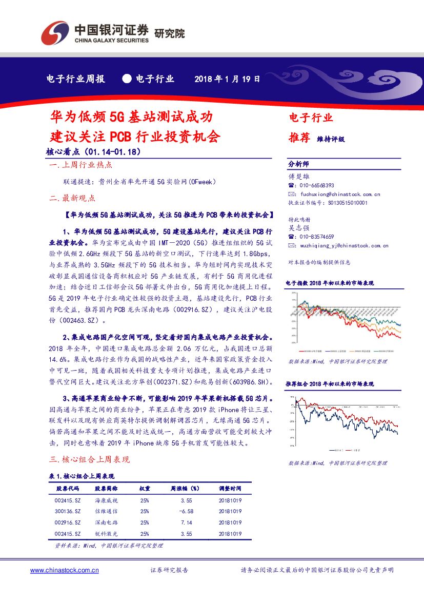 中国银河：电子行业周报：华为低频5G基站测试成功建议关注 PCB 行业投资机会