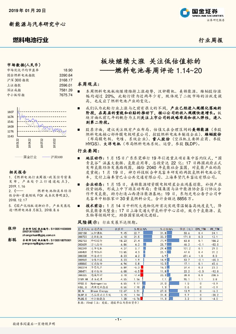 国金证券：燃料电池每周评论：板块继续大涨 关注低估值标的