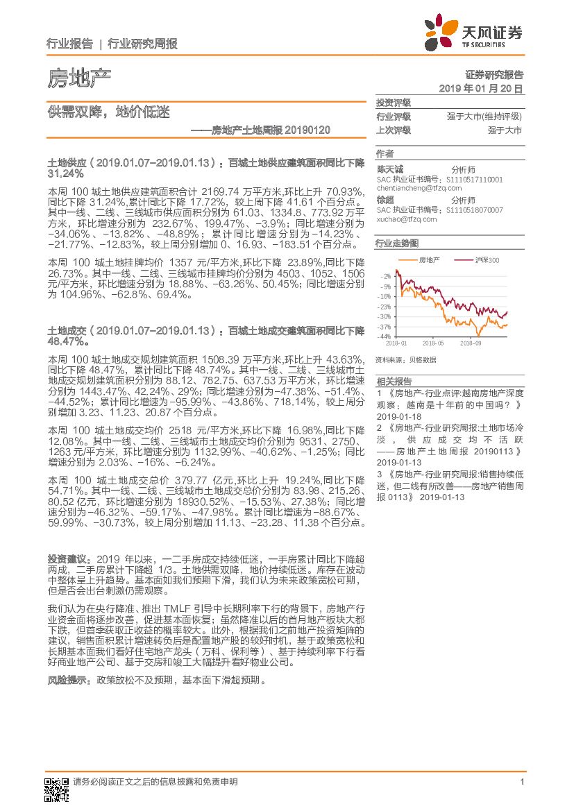 天风证券：房地产土地周报：供需双降，地价低迷