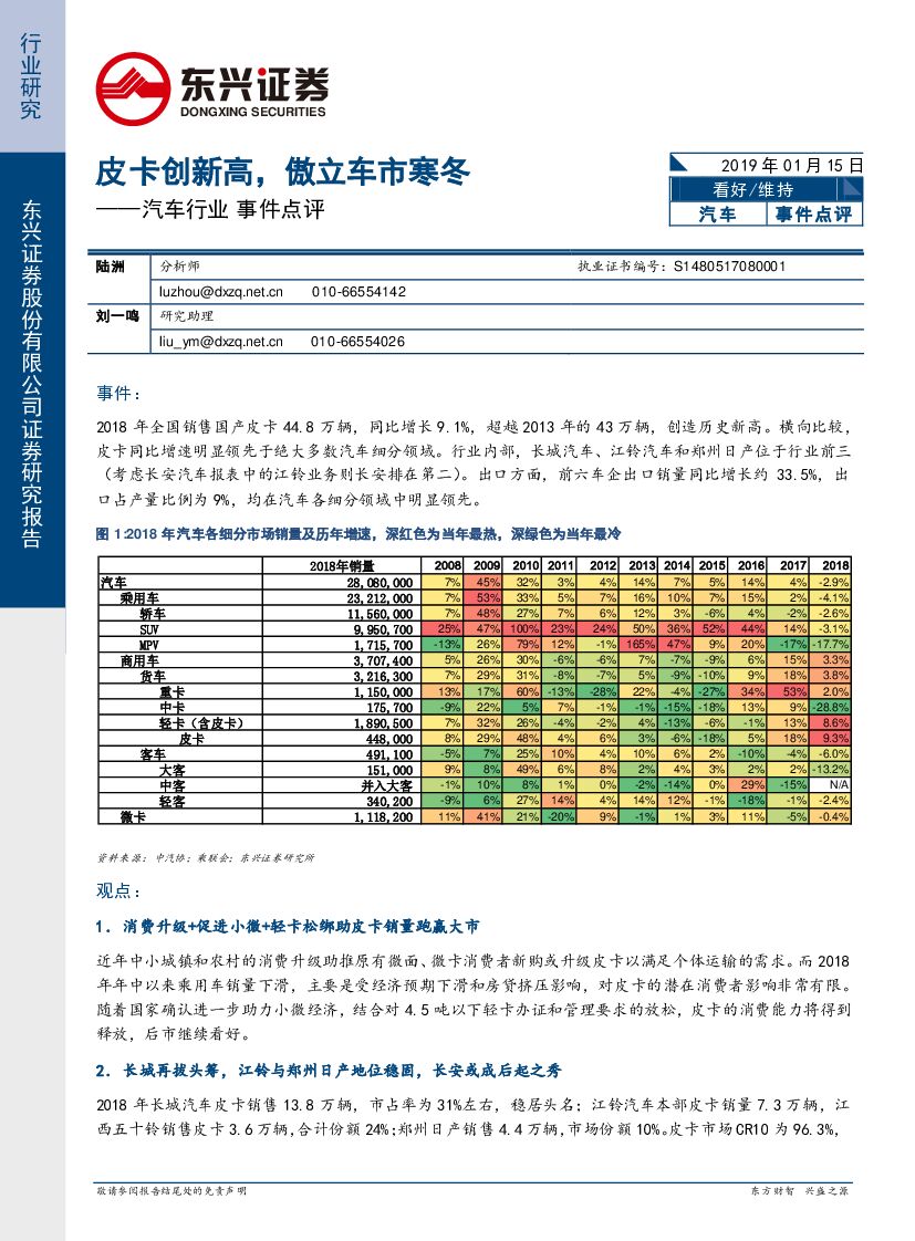 东兴证券：汽车行业事件点评：皮卡创新高，傲立车市寒冬