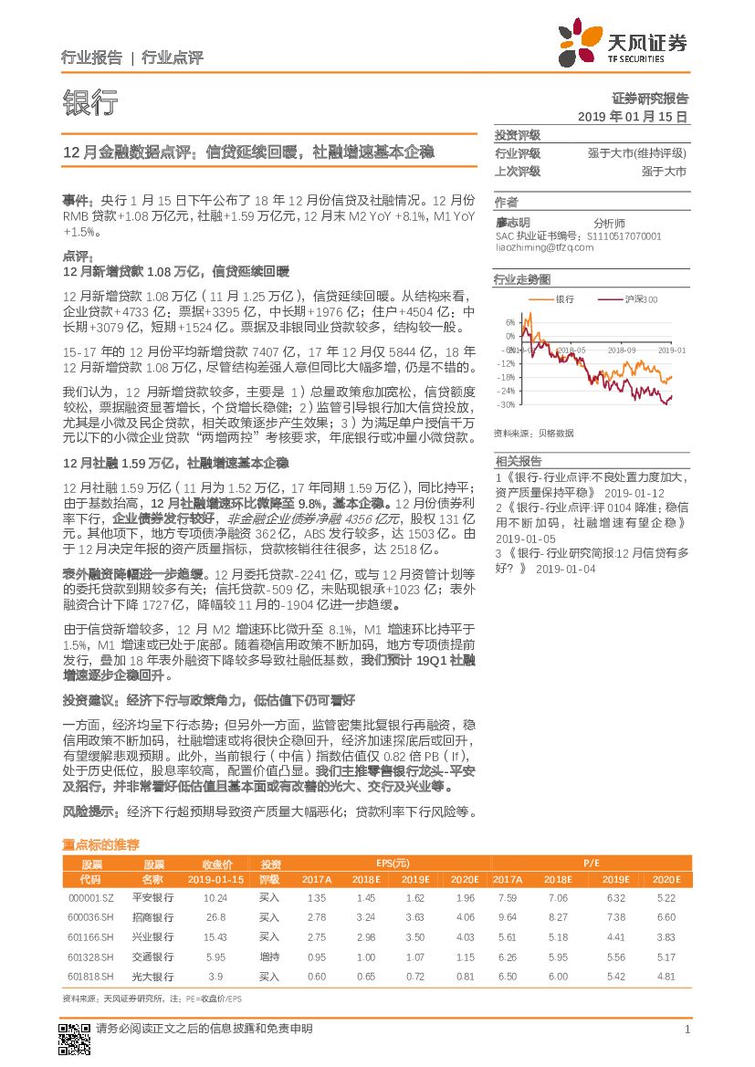 天风证券：银行行业12月金融数据点评：信贷延续回暖，社融增速基本企稳