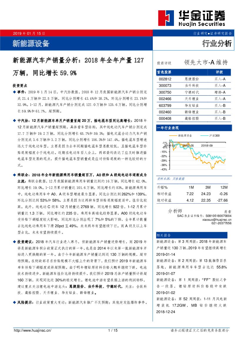 华金证券：新能源汽车产销量分析：2018年全年产量127万辆，同比增长59.9%