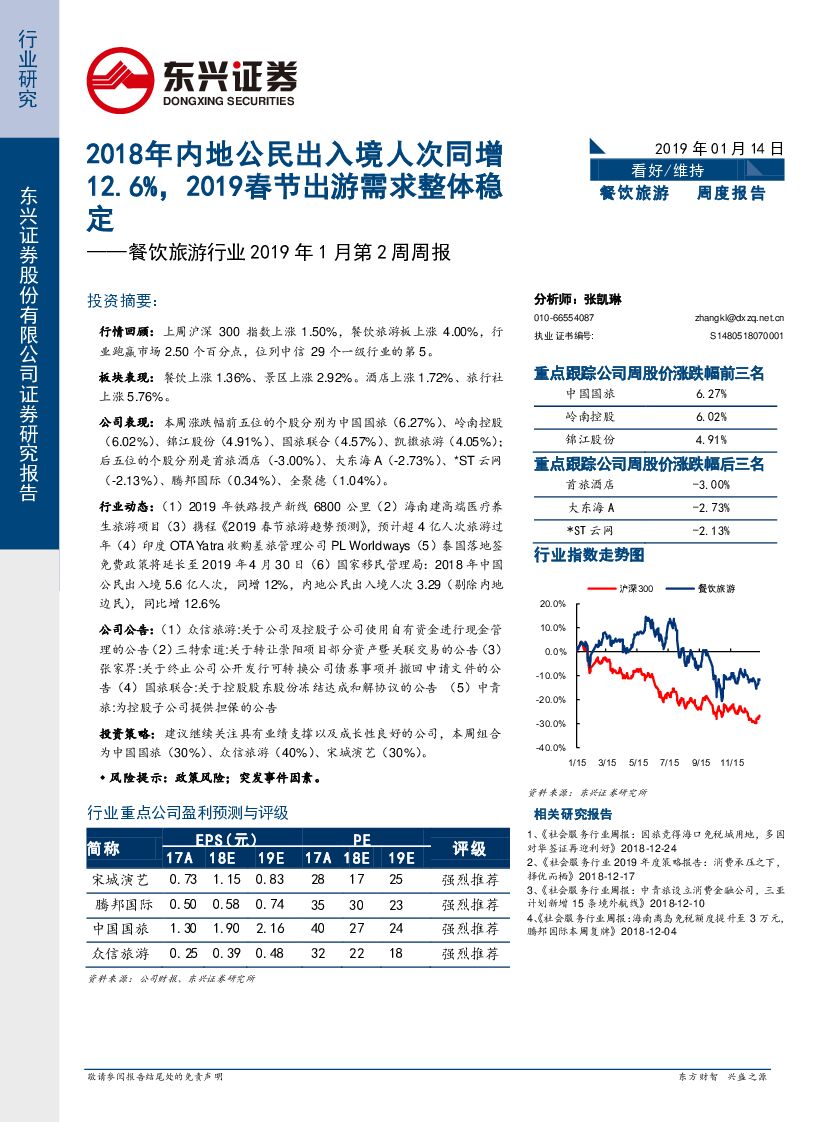 东兴证券：餐饮旅游行业2019年1月第2周周报：2018年内地公民出入境人次同增12.6%，2019春节出游需求整体稳定